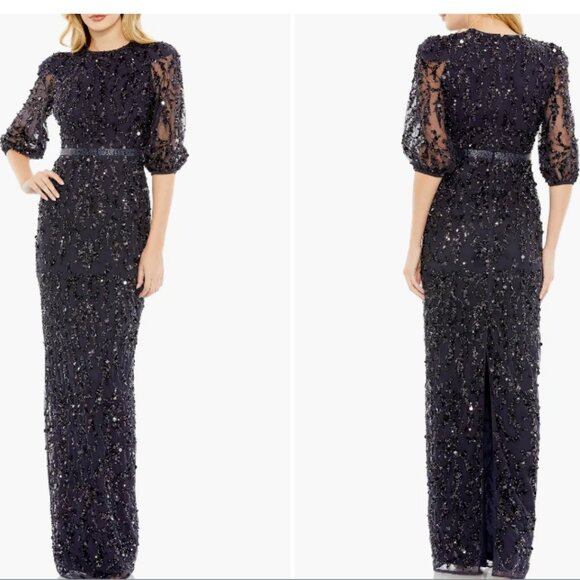 MAC DUGGAL 93790 SEQUINED ELBOW SLEEVE MIDNIGHT DARK NAVY GOWN sz 12 - Picture 1 of 3